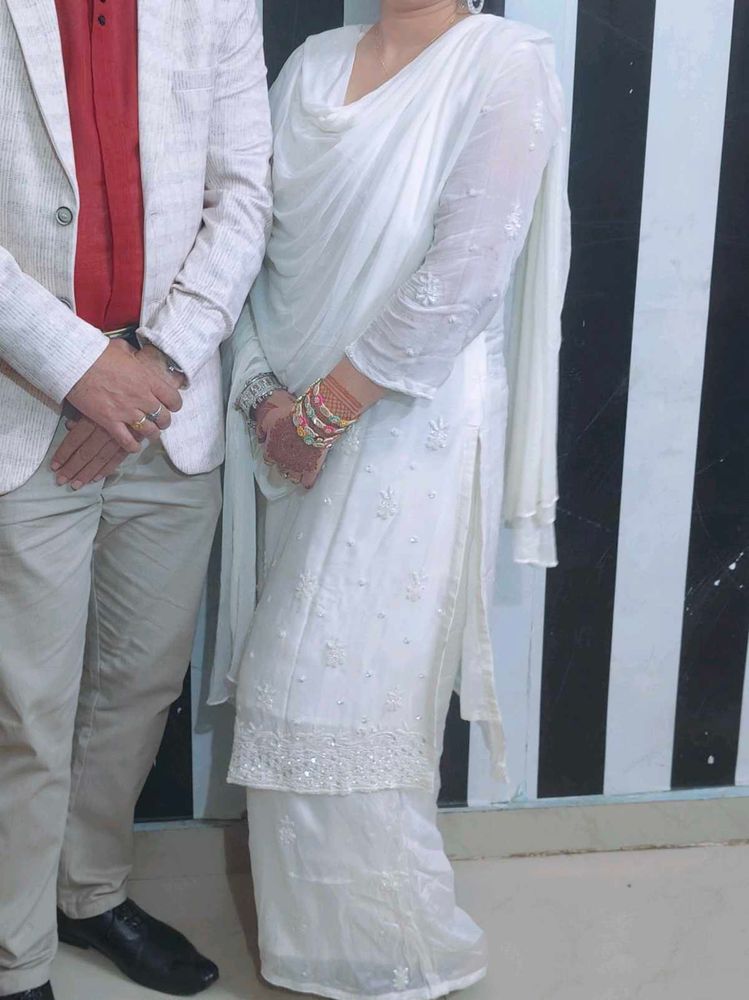 Elegant White Hand Embroidered Kurta Shrara Set