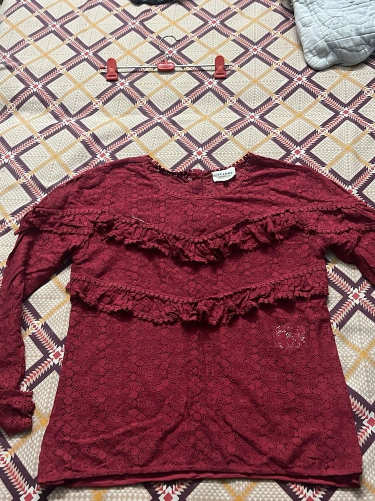 Burgundy Lace Ruffle Top