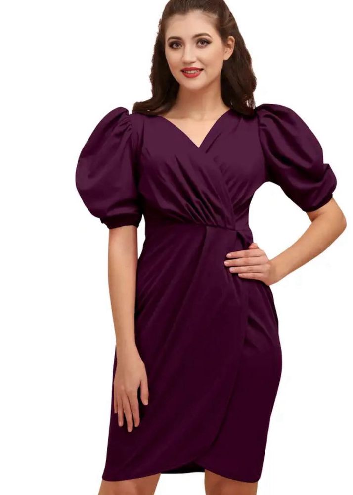Purple Wrap Dress with Puff Sleeves