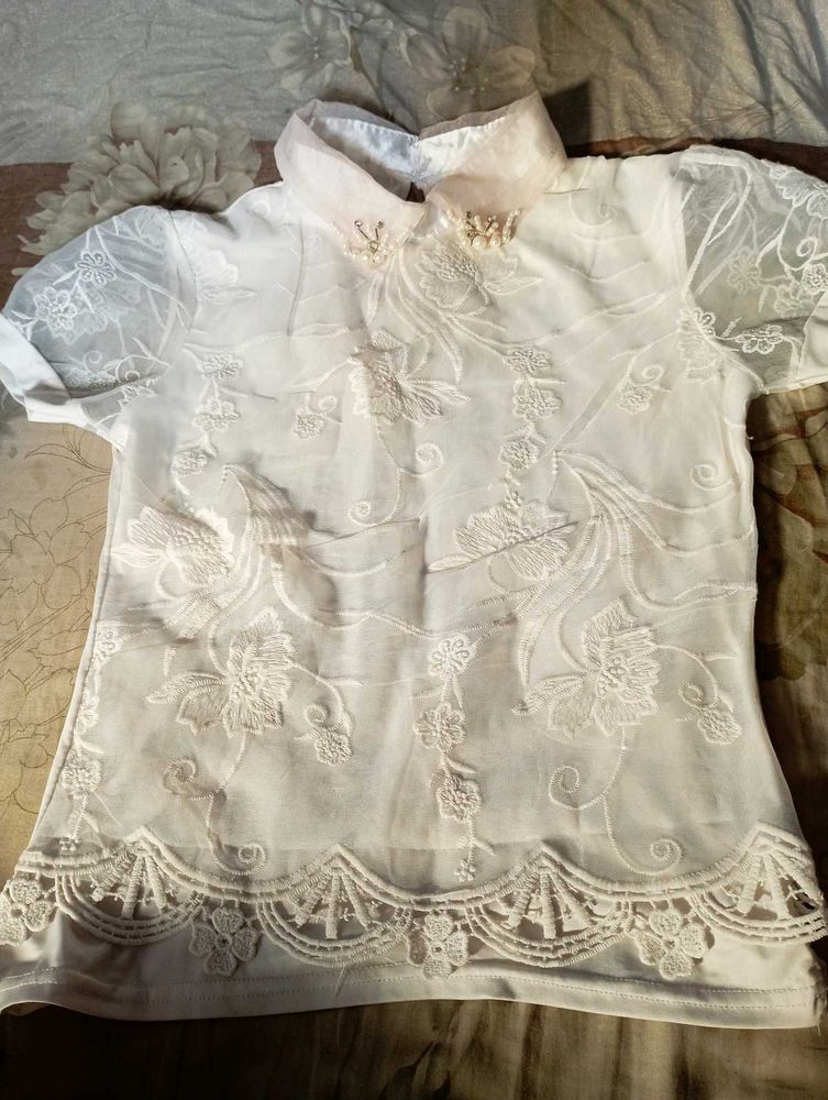 Pearl And Diamond Embedded White Top