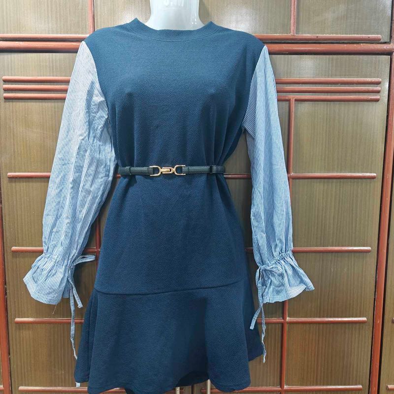 Blue Mini Dress with Striped Sleeves