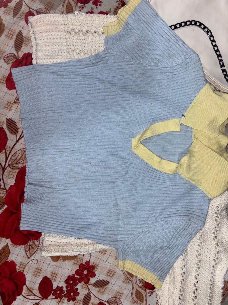 Ribbed Knit Polo Crop Top