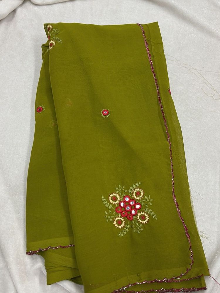 Olive Green Embroidered Saree