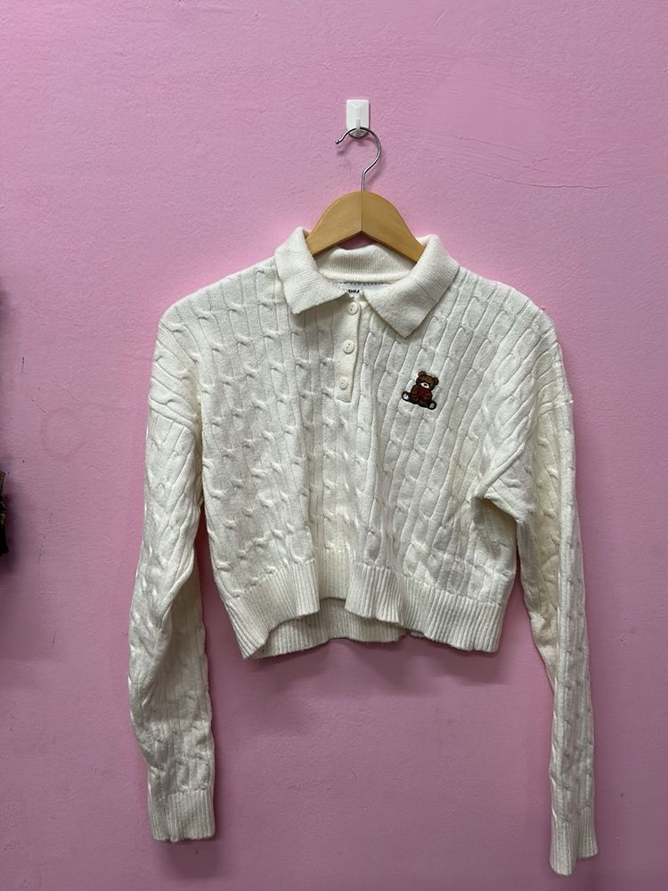 Cute Embroidered Bear Knit Top