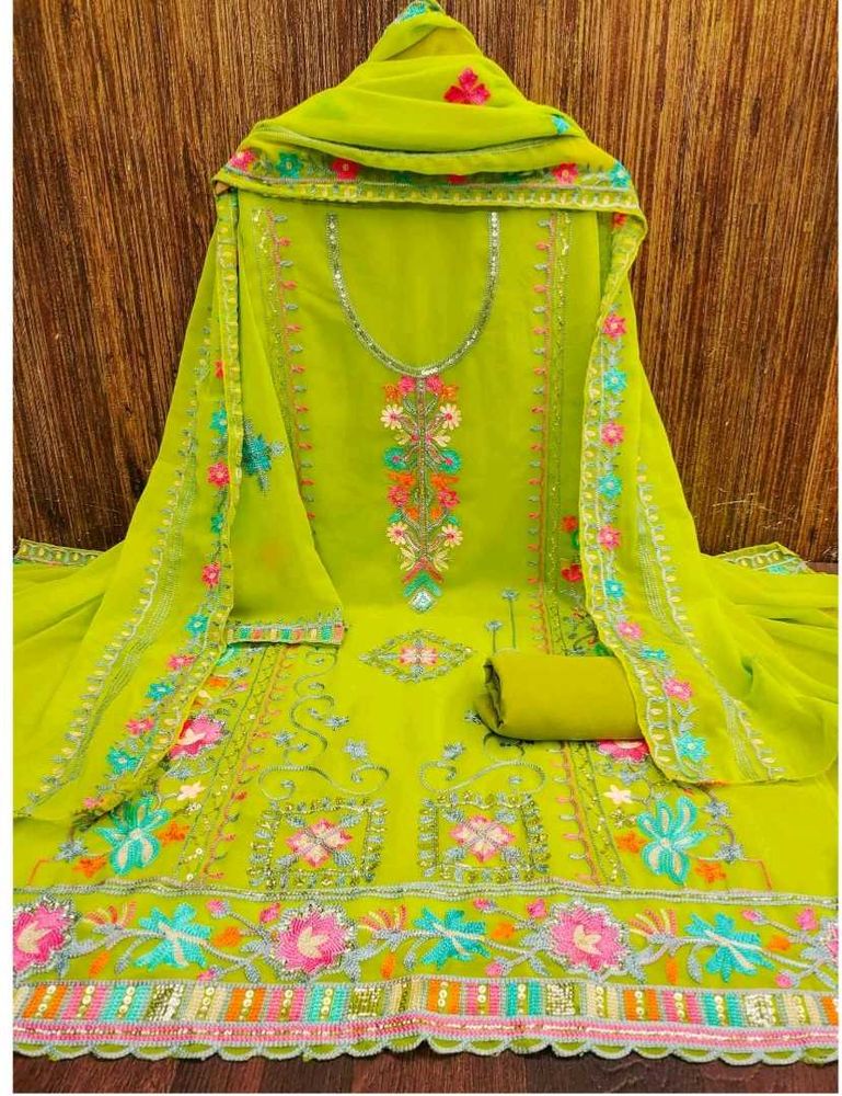 Parrot Green Floral Sequence Dress Material