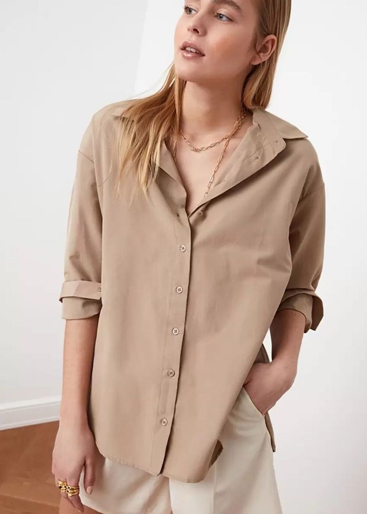 Oversized Beige Button-Up Shirt By Trendyol Size S