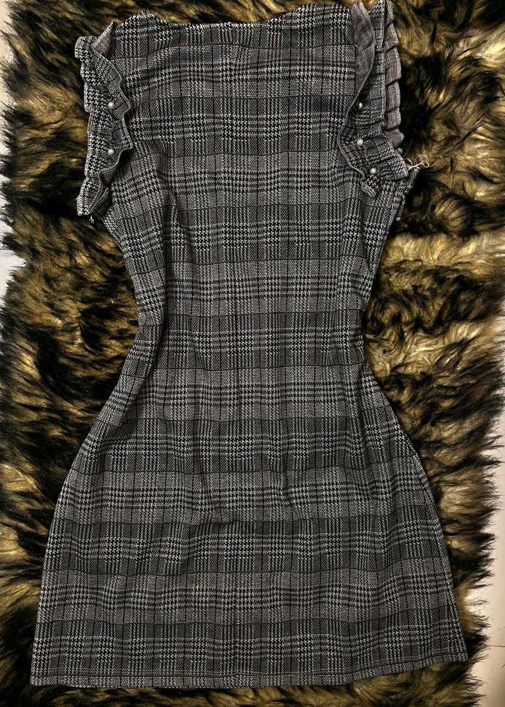 Gray Plaid Mini Dress with Ruffle Detail