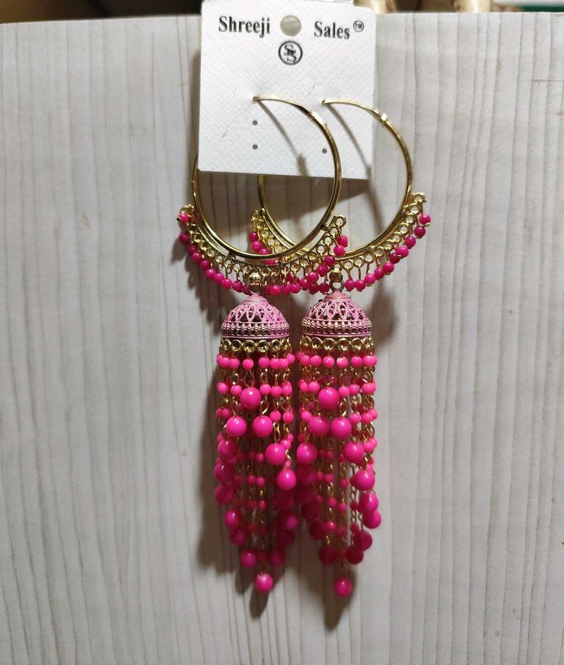 Bold &amp; Beautiful Pink Tassel Jhumka Hoops