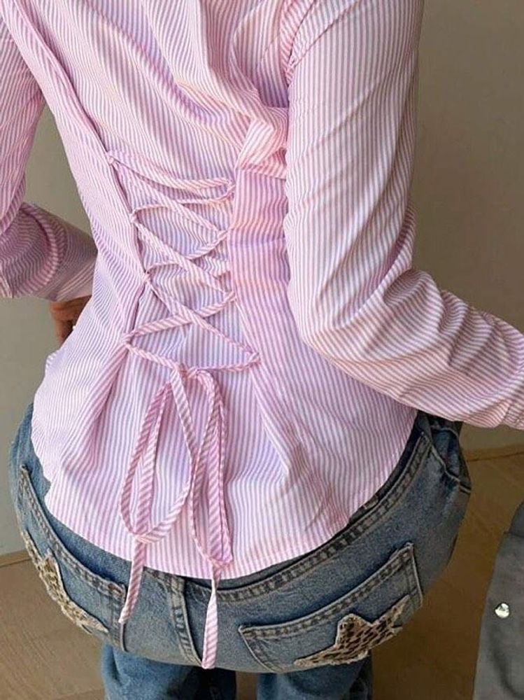 pink Striped Lace-Up corset shirt Top