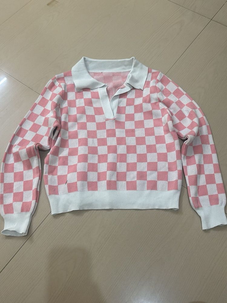 Pink Checkered Knit Top