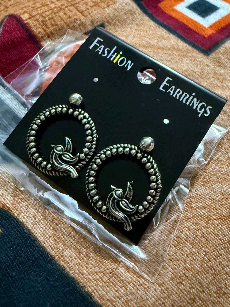 Silver Bird Hoop Oxidised Earrings