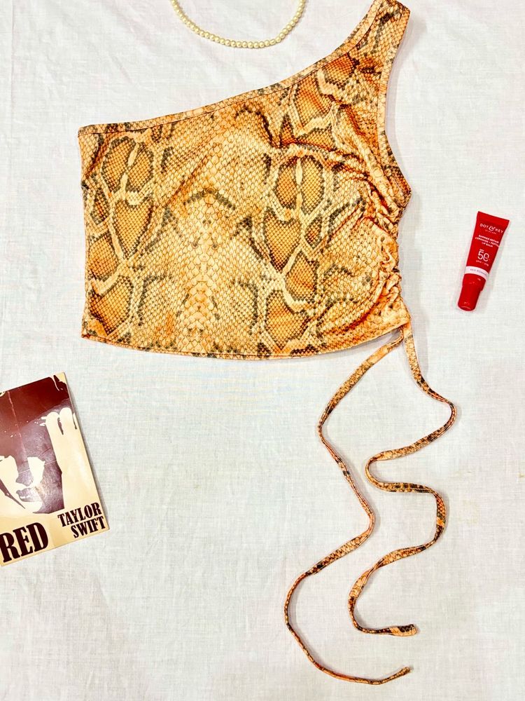 Snakeskin One-Shoulder Crop Top