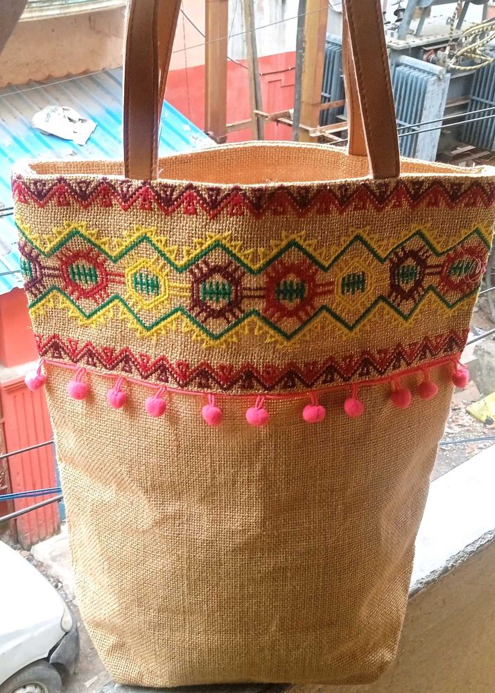 Embroidered Jute Tote Bag