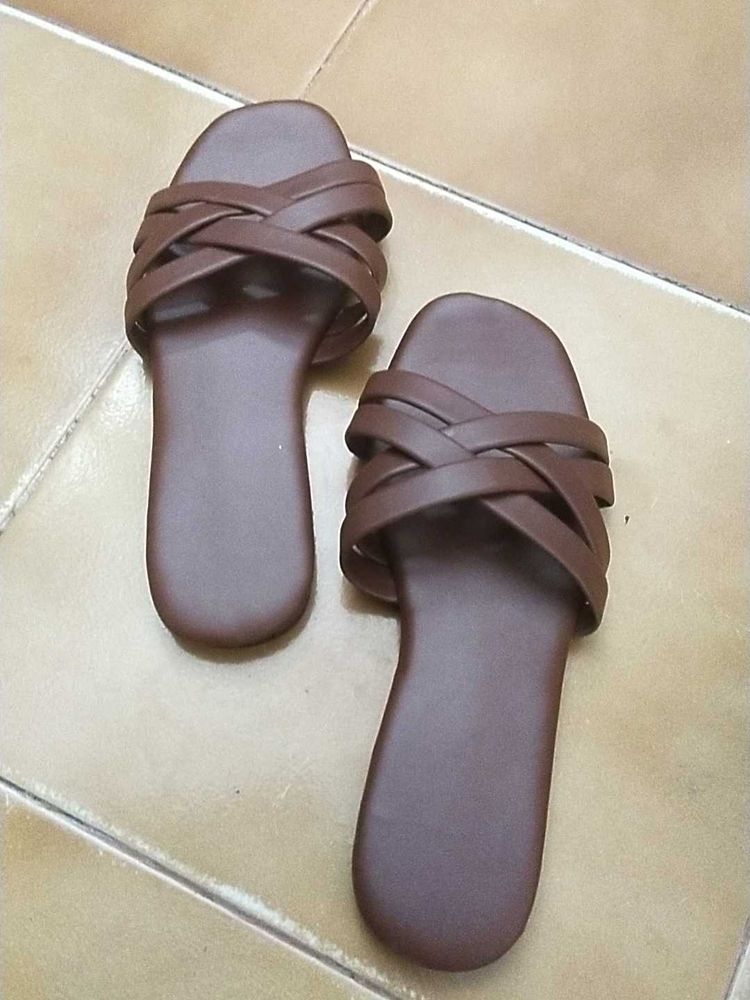 Brown Woven Strap Slides