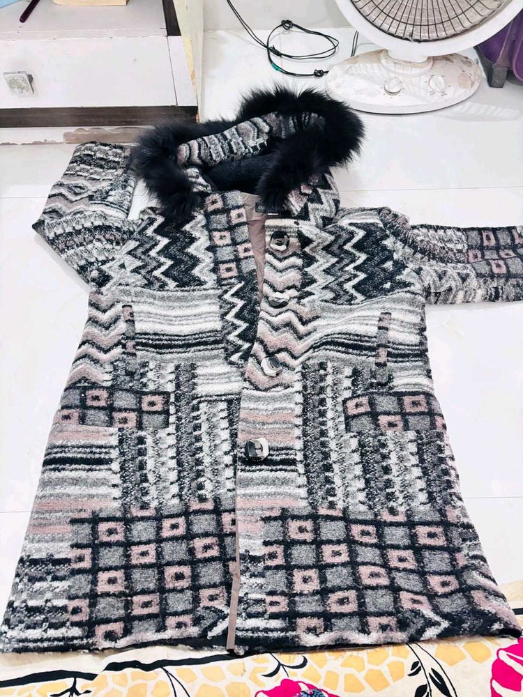 Patterned Coat with Faux Fur Hood