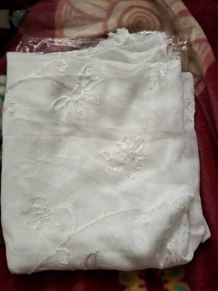 White Color Embroided Soft Silk Dupatta