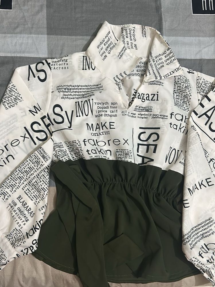 Olive Green And White Top With Belt