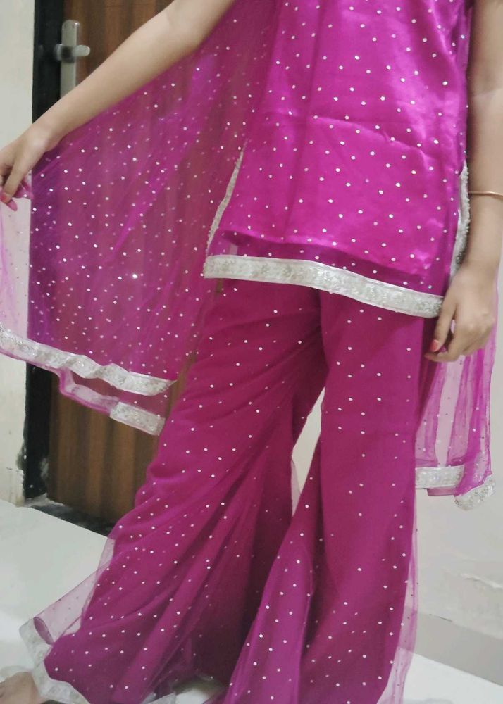 Pink Polka Dot Plazzo Kameez With Dupatta 👍
