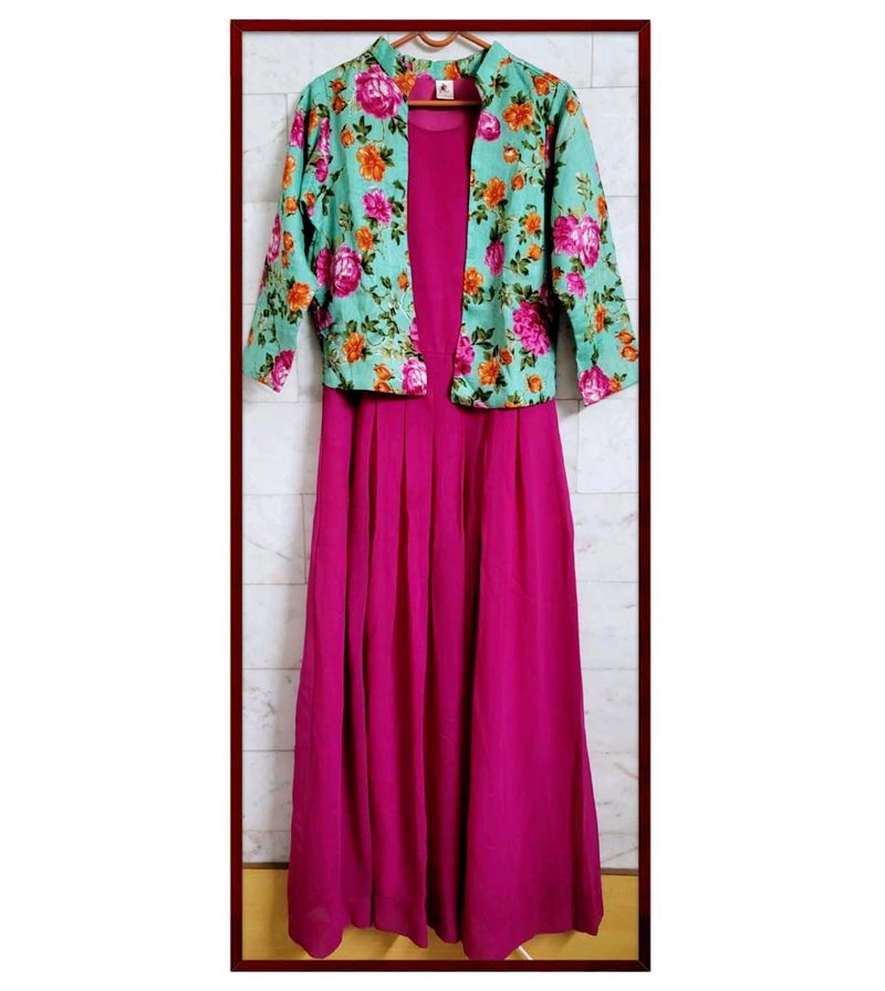 Hot Pink Dress With Attached Floral Jacket