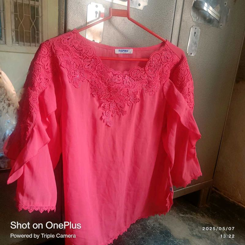 Coral Lace Trim Blouse