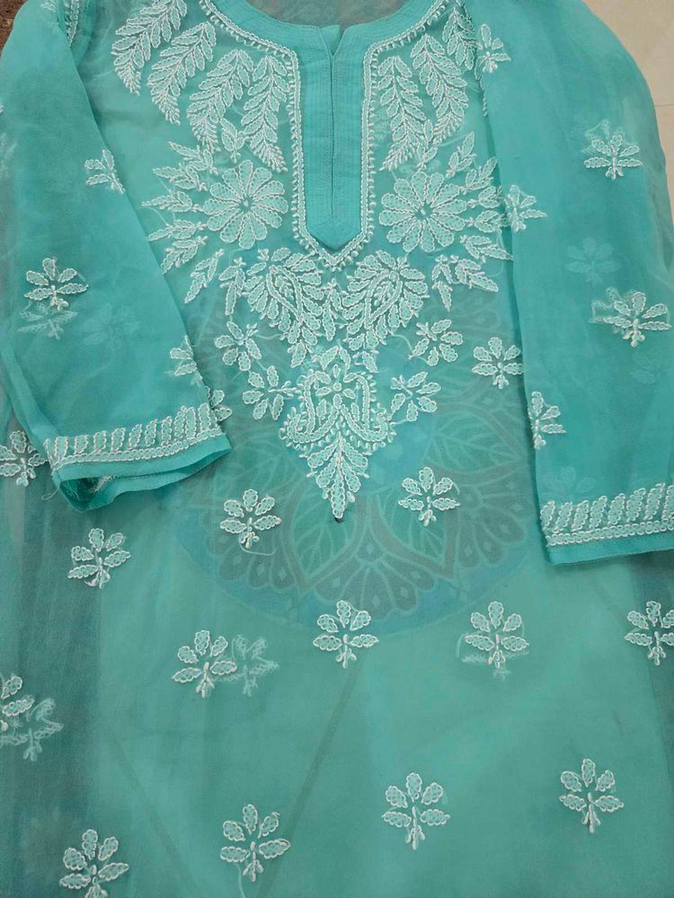 Sea Green Chikankari Kurti With Lining