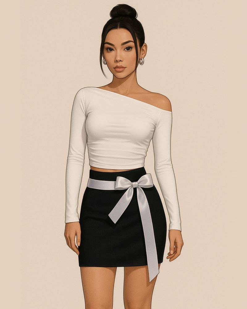 Off Shoulder Top &amp; Bow Skirt Set Feminine Elegance
