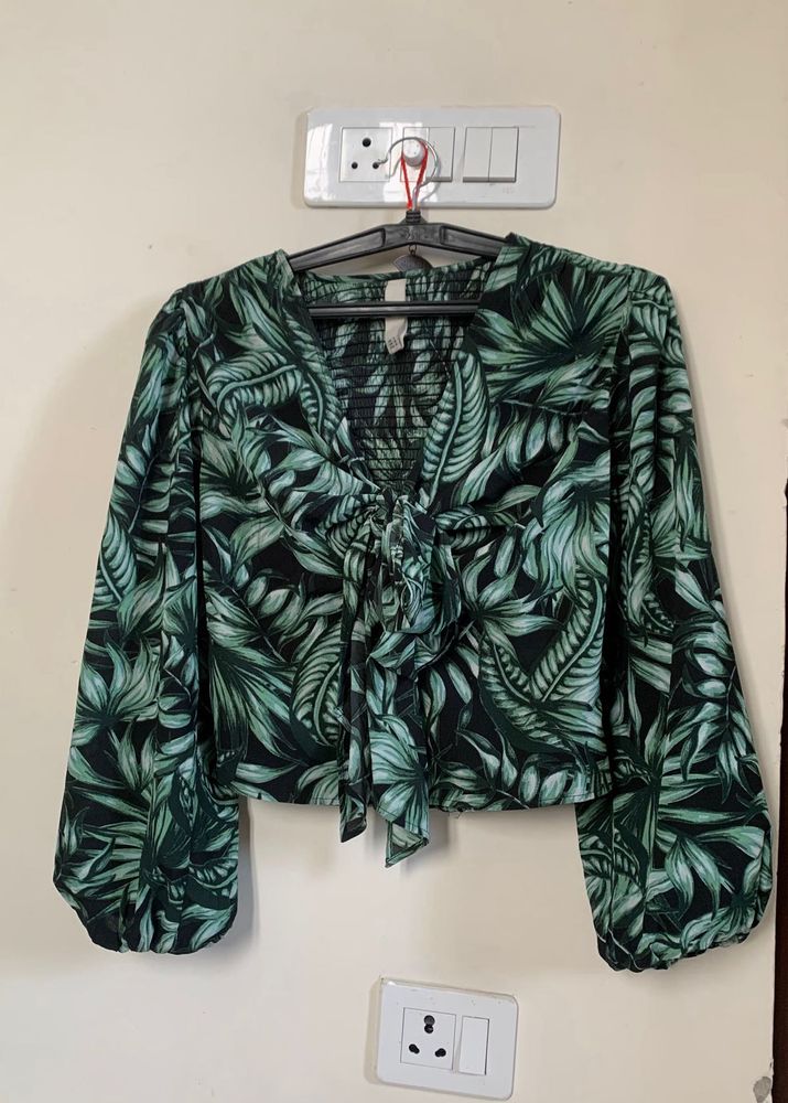 Kazo Tropical Print Tie-Front Blouse