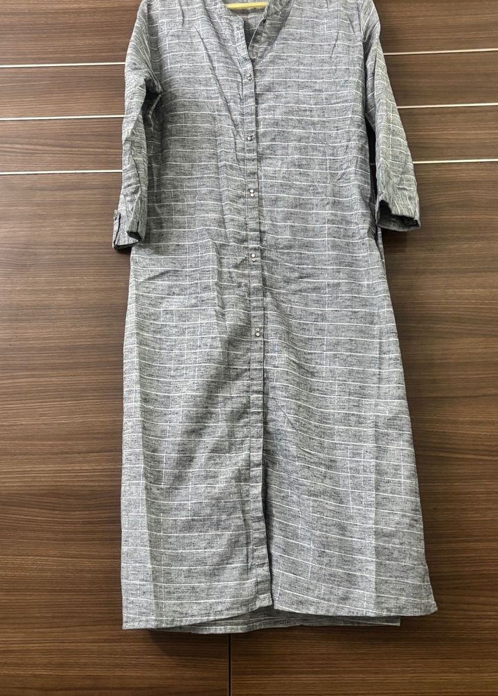 Grey Cotton Blend Linen Kurta