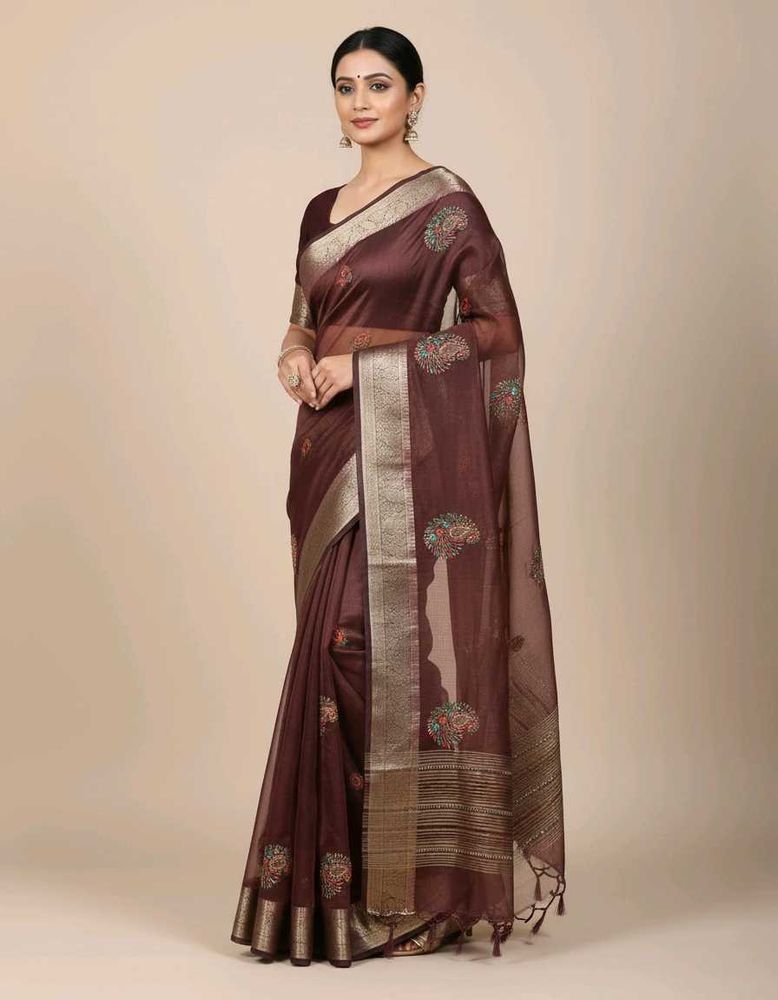 Elegant Brown Silk Blend Saree