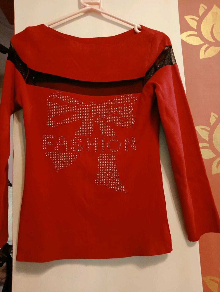 Red Embellished Long Sleeve Top
