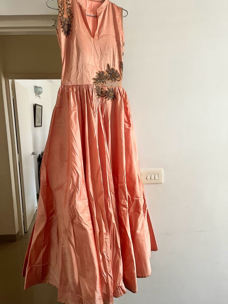 Peach Color Organza Tissue Gown with Smart Work