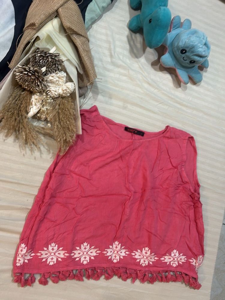 Pink Embroidered Tassel Top