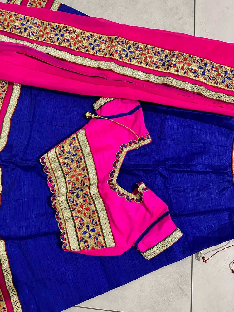 Blue &amp; Pink Embroidered Lehenga Set
