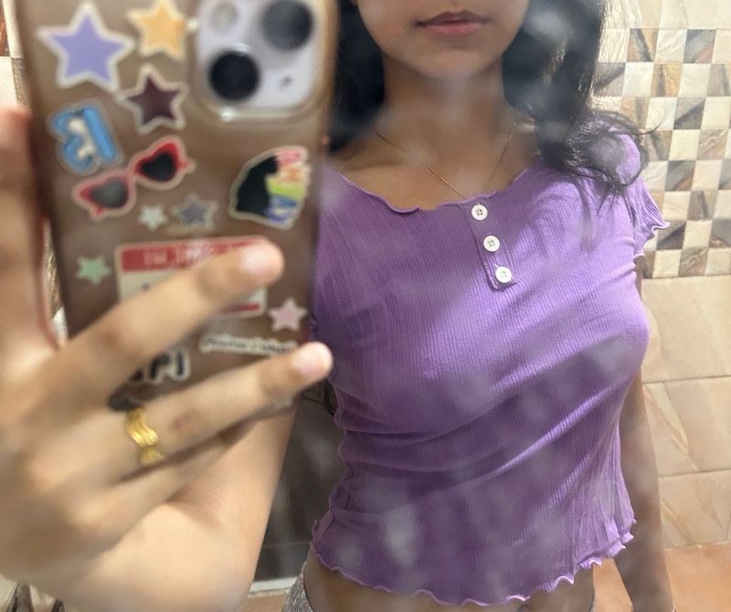 White Button 90s Lavender Crop Top