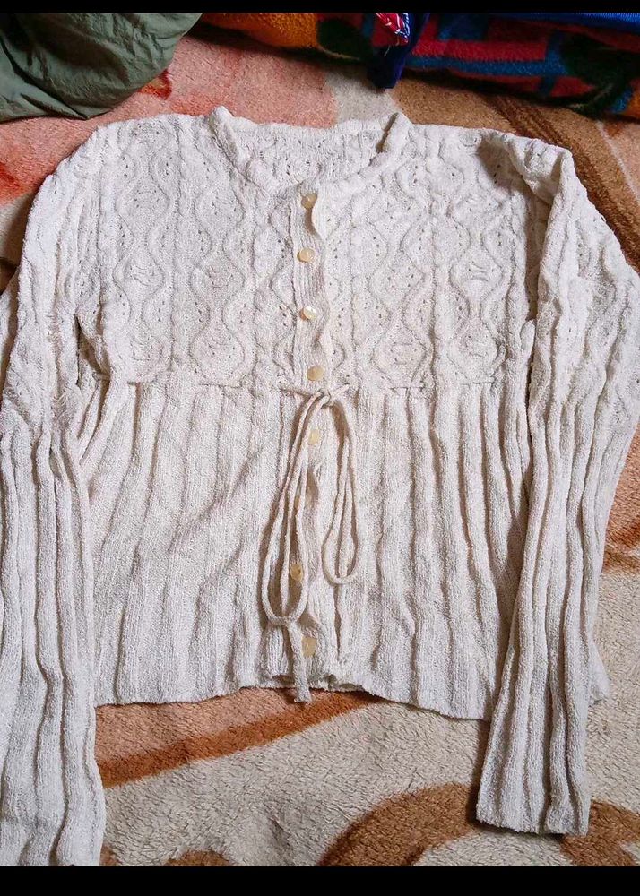 Vintage Cream Knit Tie-Front Cardigan