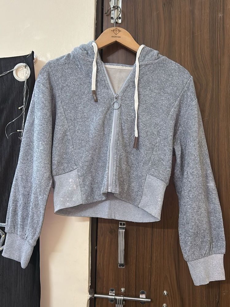 Gray Cropped Zip-Up Hoodie