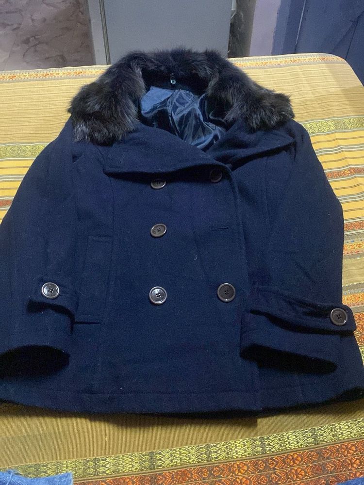 Navy Blue Coat Faux Fur Collar