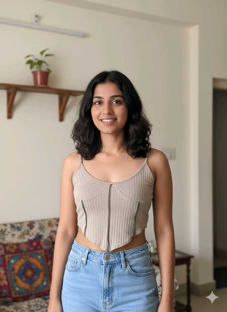 Beige Ribbed Corset Style Crop Top