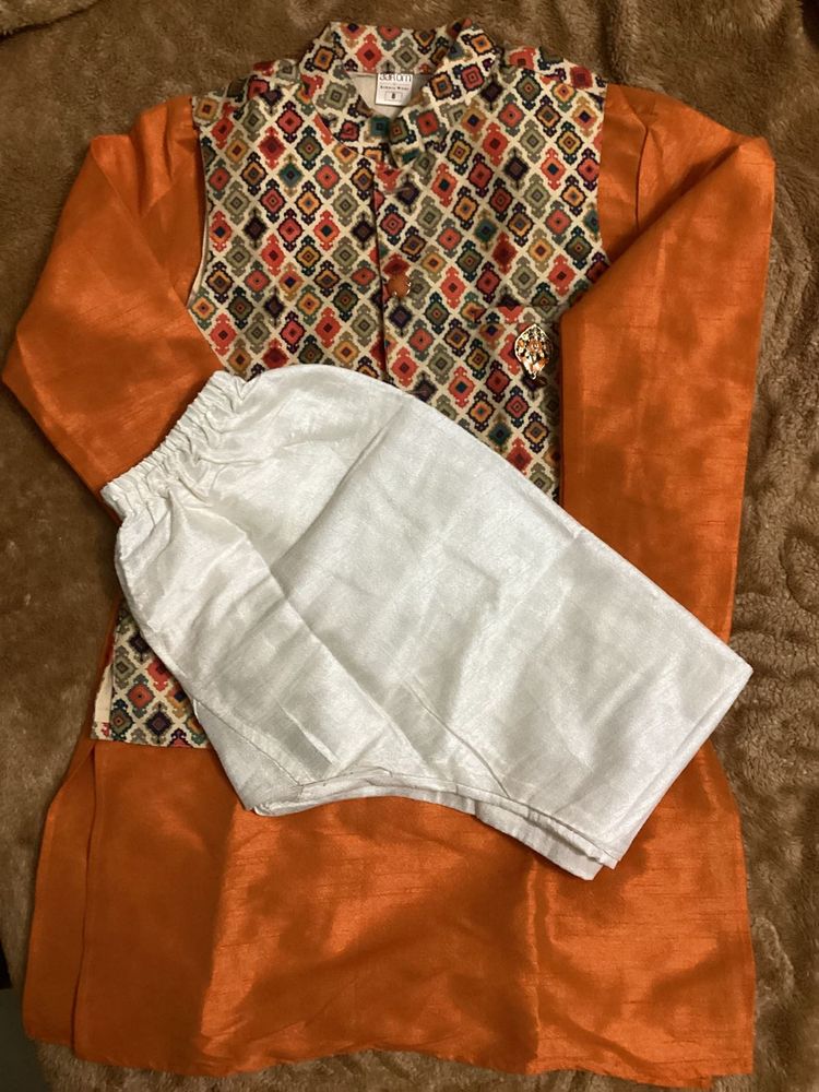 Orange &amp; White Kids Kurta Payjama With Jacket