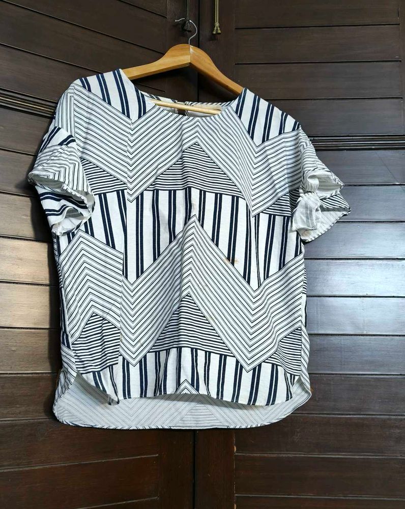 Women White Blue Rayon Printed Casual Top