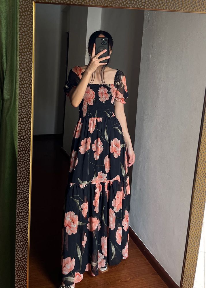 Chiffon Floral Smocked A-Line MAXI Dress 🌺