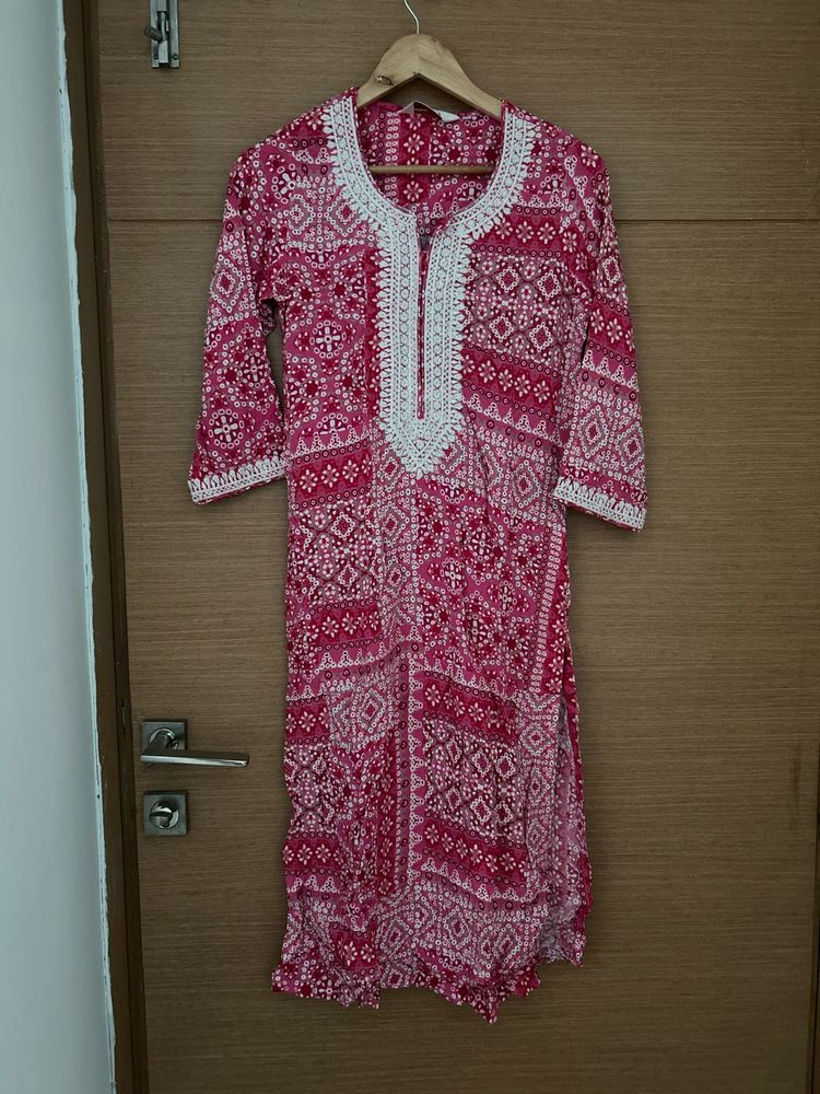 Pink &amp; White Print Kurta
