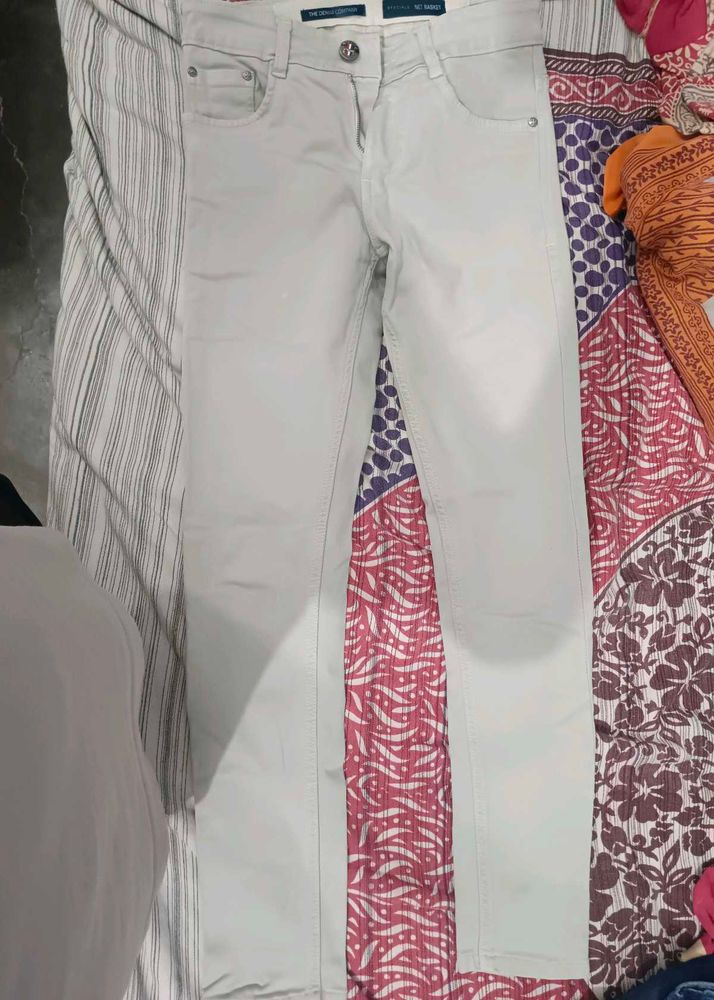 Beige White Straight Leg Jeans