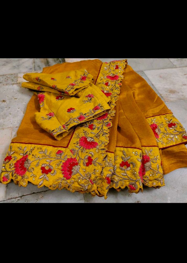 Yellow Embroidery Work Blouse With Saree 😍