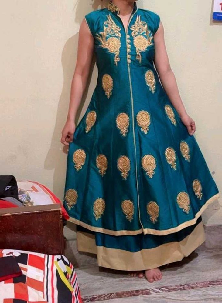 Teal &amp; Gold Embroidered Anarkali