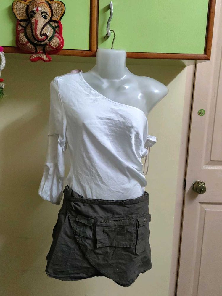 Asymmetrical White Top &amp; Utility Mini Skirt