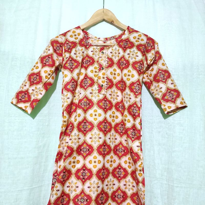 Cream And Red Foil Printed Kurti