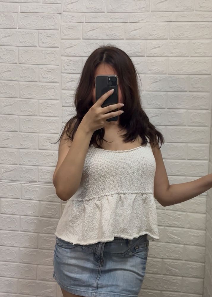 White Knit Peplum Tank Top