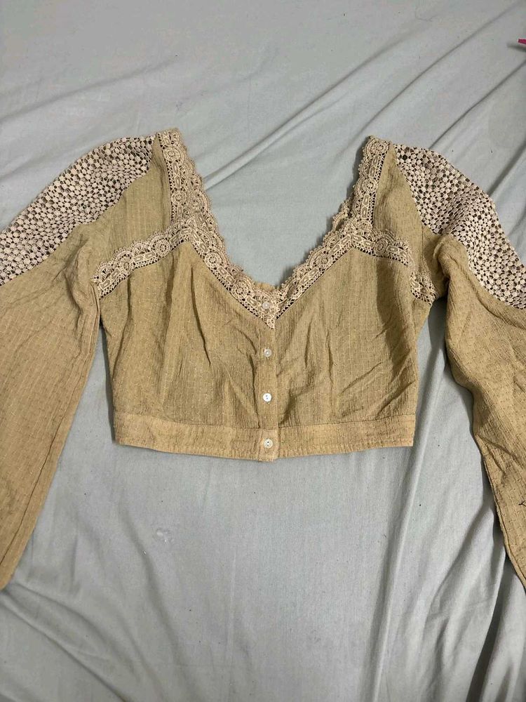 Tan Coquette Top With Lace Details
