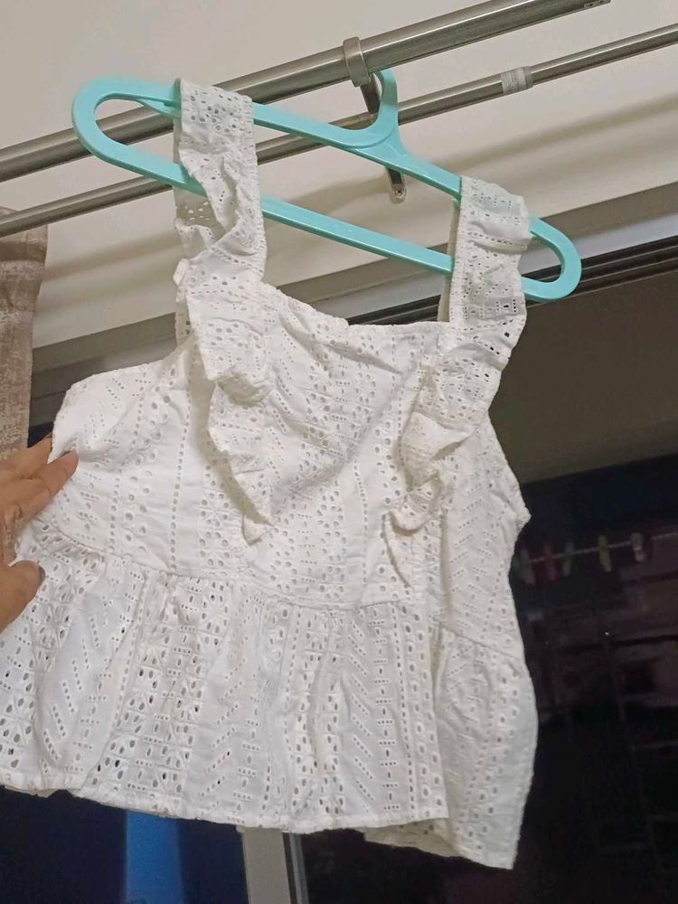 Max White Eyelet Ruffle Top